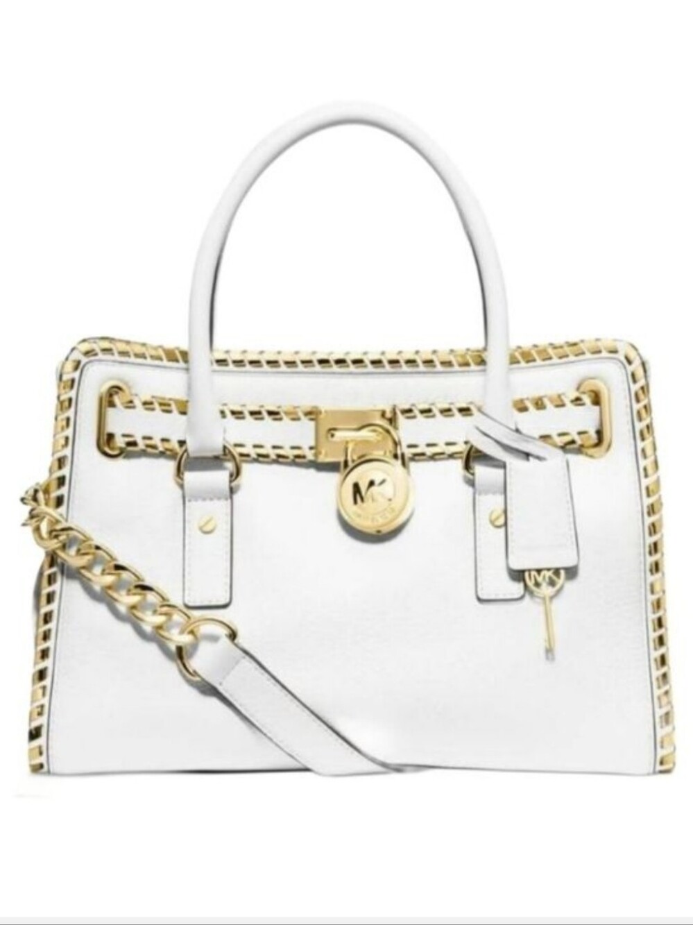 Michael Kors White Gold Hamilton Whipped Leather Satchel Handbag Purse